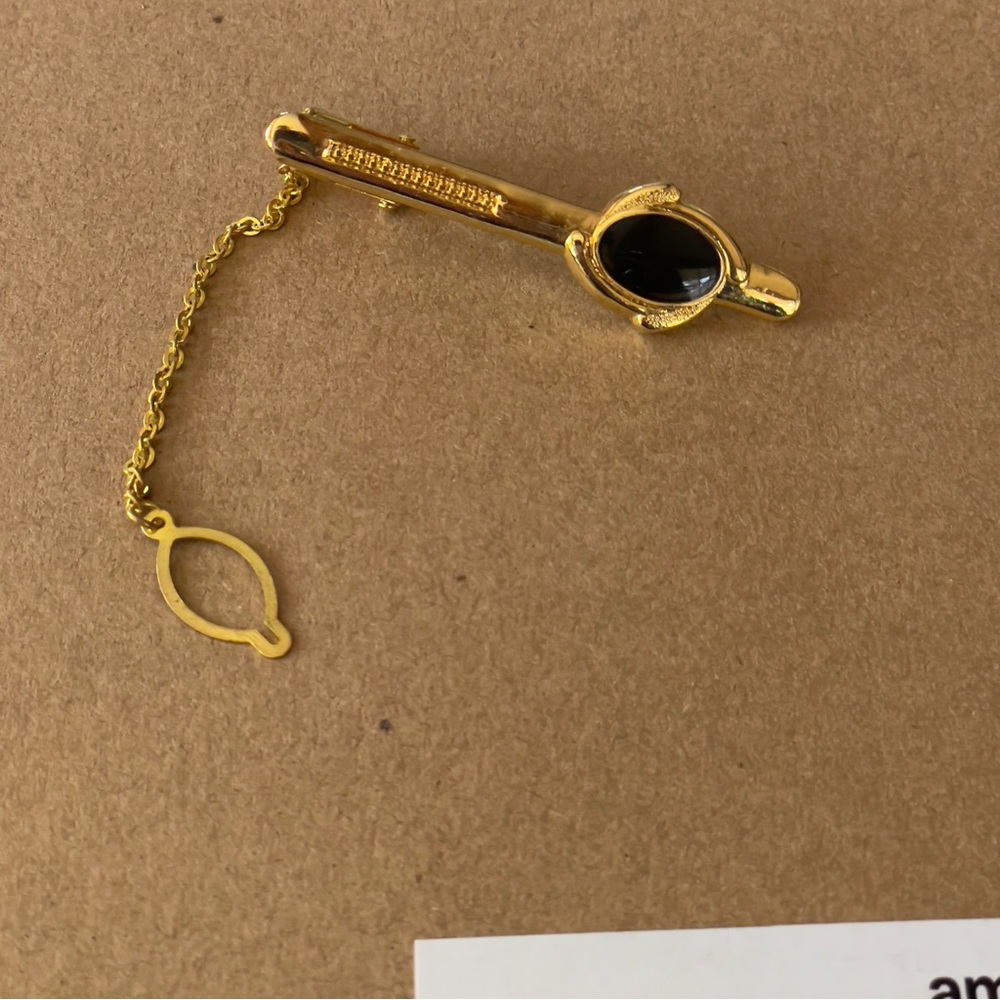 Vintage Shriners Masonic Tie Clip 24K Gold Filled Black Onyx Adjustable w/ Chain - Picture 2 of 7